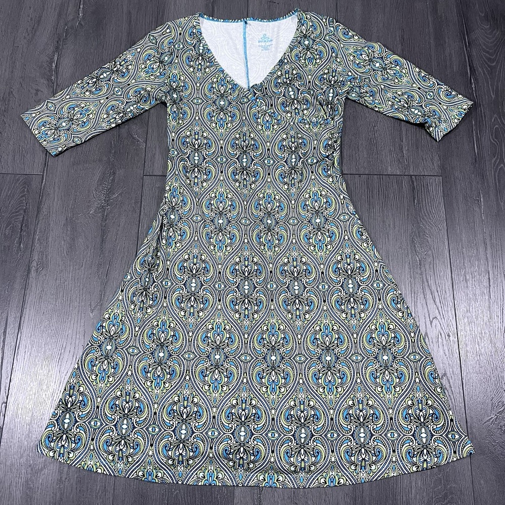 Prana Nadia Veeda Sun Dress Green 3/4 Sleeve Faux Wrap Empire Waist Stretch S
